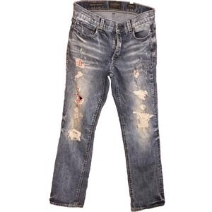 Outpost Makers Men's Size 30 x 32 Med Wash Straight Leg Patchwork Jeans Distress